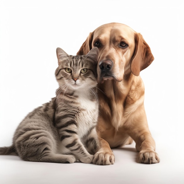 A dog and a cat are sitting together.