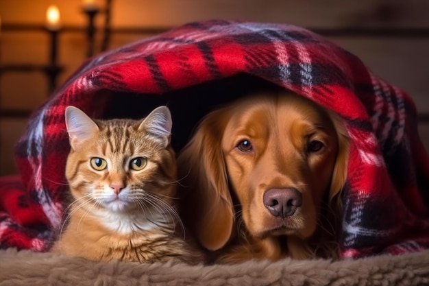 A dog and a cat under a blanket