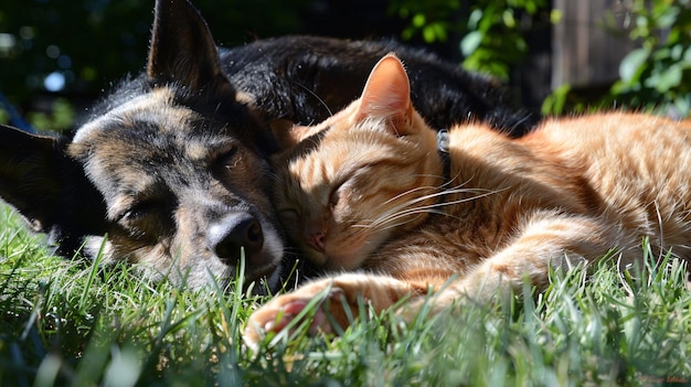 A dog and cat cuddling together on the grass in a sunny backyard