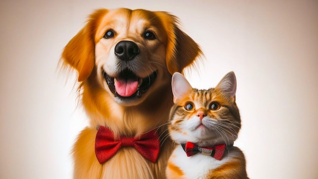 Dog Cat Duo Wearing Bowties Charming Animal Portrait Elegance