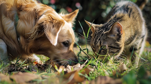 A dog and cat exploring the grass together sniffing around curiously