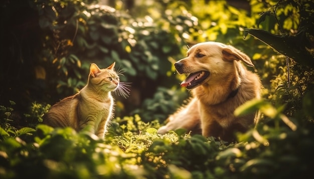 A dog and cat in the forest