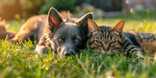 dog and cat lie on the grass Generative AI