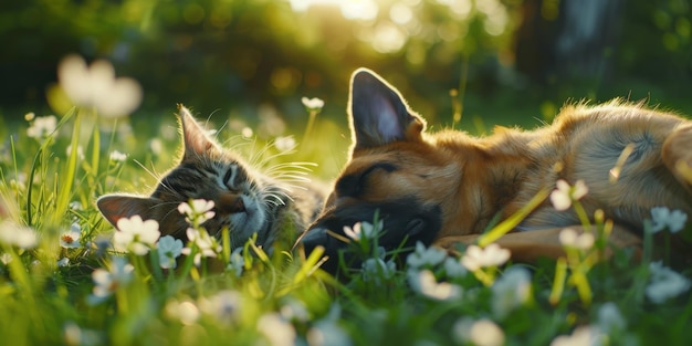 dog and cat lie on the grass Generative AI