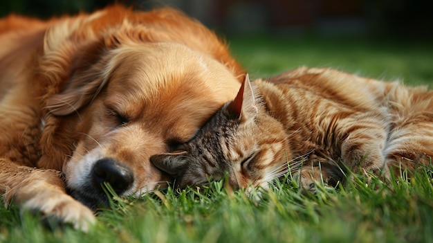 A dog and cat lying side by side on the grass with the dog resting its head on the cat