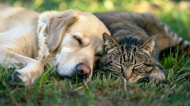 A dog and cat lying side by side on the grass with the dog resting its head on the cat