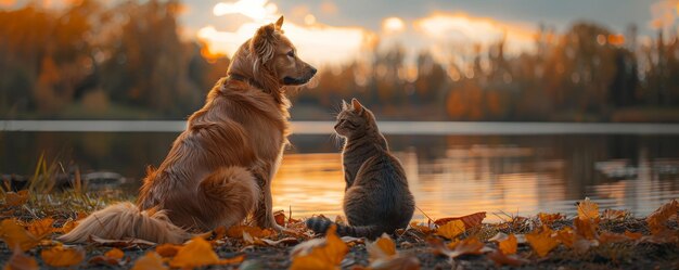 Dog and cat peacefully watch sunset enjoying companionship in nature