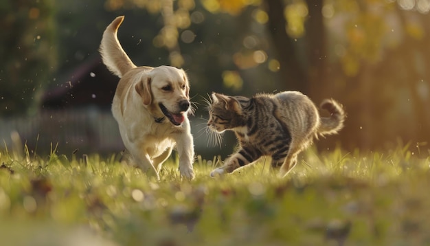 A dog and a cat play together on the grass Pets share a playful adventure Puppy and kitten