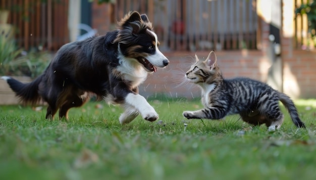 A dog and a cat play together on the grass Pets share a playful adventure Puppy and kitten