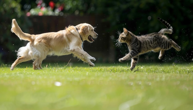 A dog and a cat play together on the grass Pets share a playful adventure Puppy and kitten