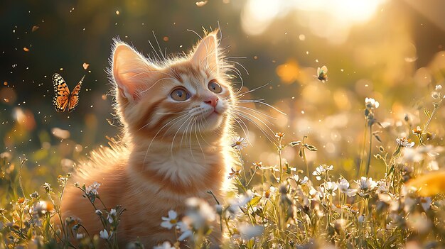 Dog and cat playing together in a large open grassy field with wildflowers and butterflies