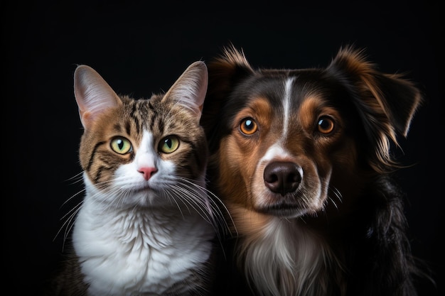 Dog and cat posing for the camera on a white background