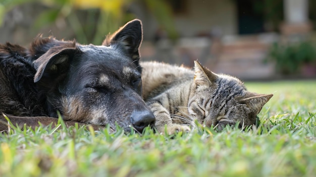 A dog and cat resting together on the grass with the cat curled up against the dog