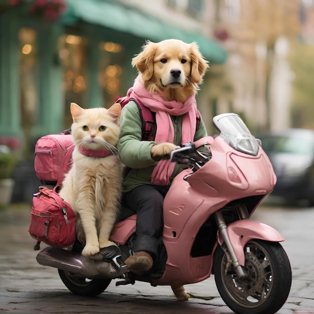 Dog and cat riding motorcycle