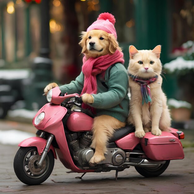 Dog and cat riding motorcycle