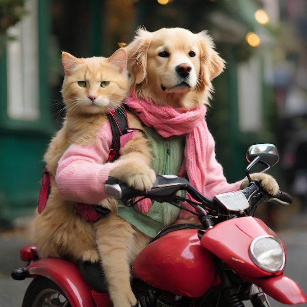 Dog and cat riding motorcycle