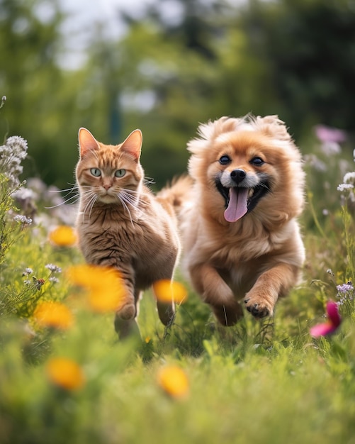 A dog and a cat running side by side in a garden