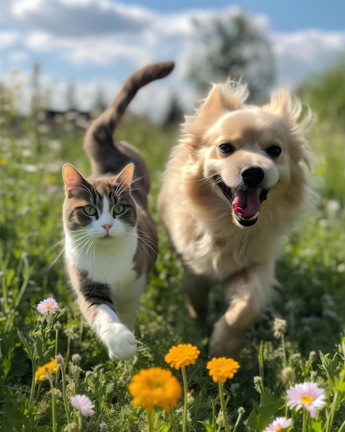 A dog and a cat running side by side in a garden