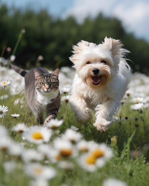 A dog and a cat running side by side in a garden