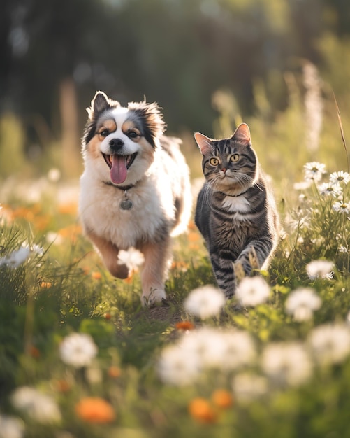 A dog and a cat running side by side in a garden