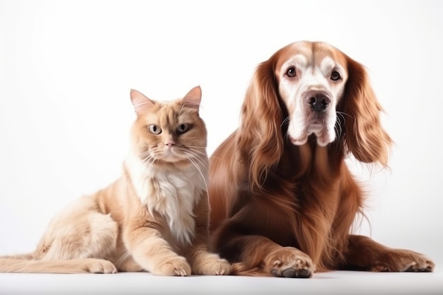 A dog and a cat sit together with peaceful expressions