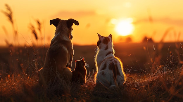 A dog and cat sitting calmly on a grassy knoll with a sunset in the background