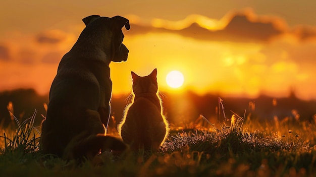 A dog and cat sitting calmly on a grassy knoll with a sunset in the background