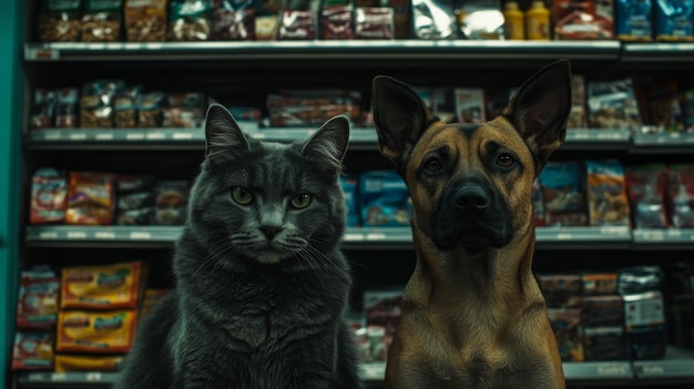 Photo a dog and a cat stare into the camera in front of the food shelves in a pet store