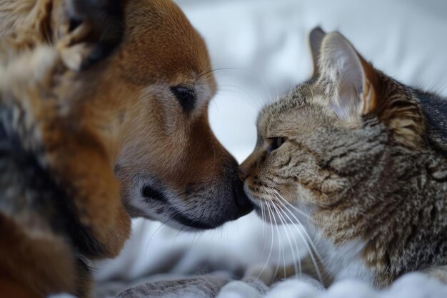 Dog and cat touching noses affectionately capturing bond between different species