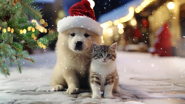 A dog and a cat wearing a santa hat