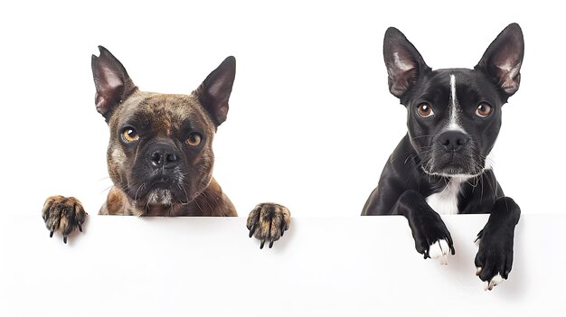 Photo dog and cat with blank banner isolated on white background generative ai