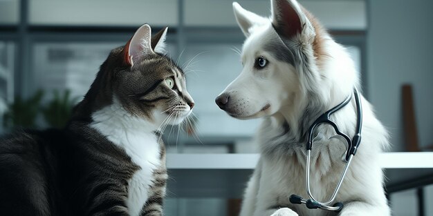 Photo dog and cat with veterinarian