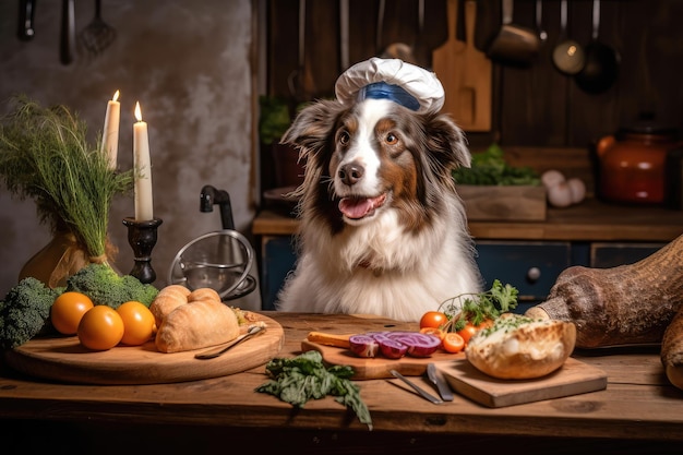 Dog chef preparing beautiful and delicious feast of healthy nutritious food