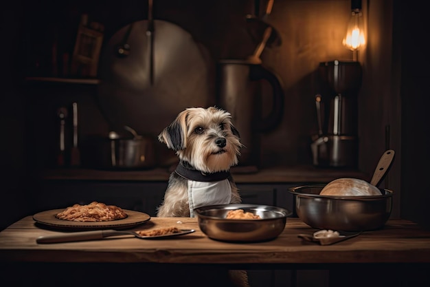 Dog chef with bowl of freshly cooked and seasoned dog food on board in warm and cozy kitchen