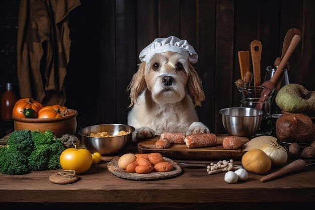 Dog chef with ingredients and recipes at hand preparing delicious homemade meal for beloved pet