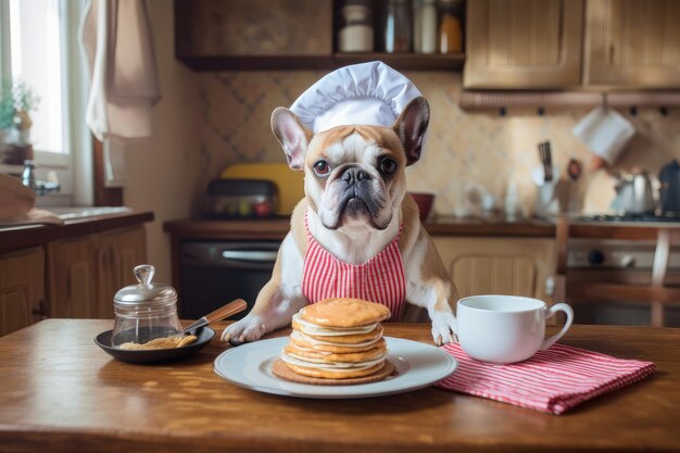 Dog chef with plate of pipinghot pancakes ready for the family's morning breakfast created with generative ai