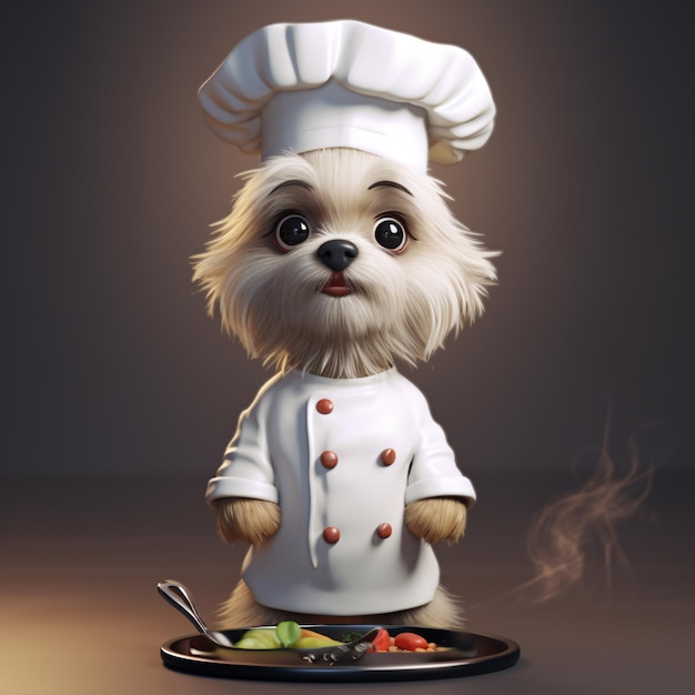 a dog in a chefs outfit is cooking in a pan with a spoon and a pan of food