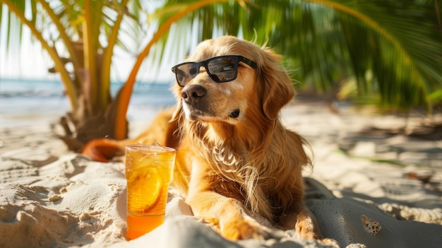 Dog chilling under palm tree shades and tropical drink