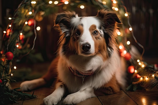 Dog in a Christmas wreath with garlands in the backdrop