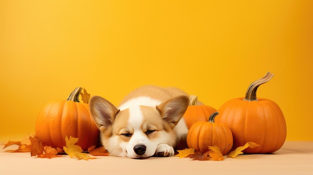 dog Corgi with autumn leaves and pumpkins created with Generative AI technology