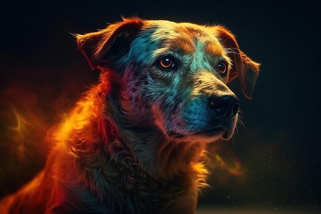 A dog in a dark room with a light on the face.