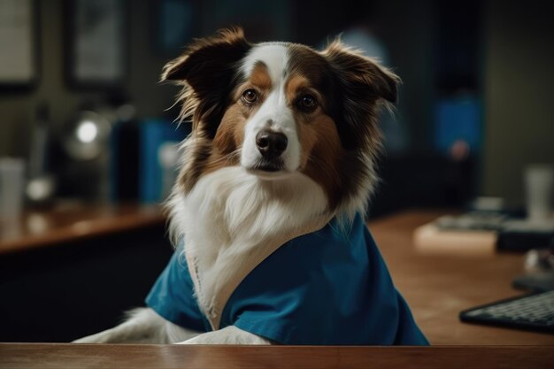 Dog In Doctors Robe Sits At Table In Hospital Generative AI