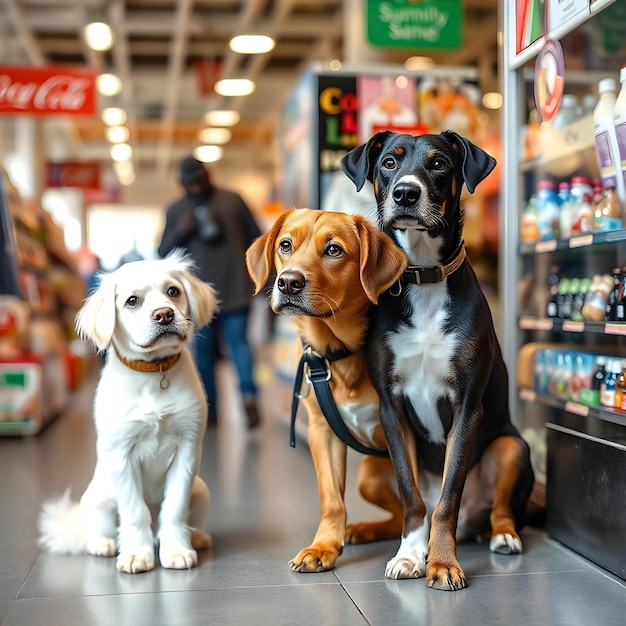 a dog and a dog are in a store with a coca cola sign