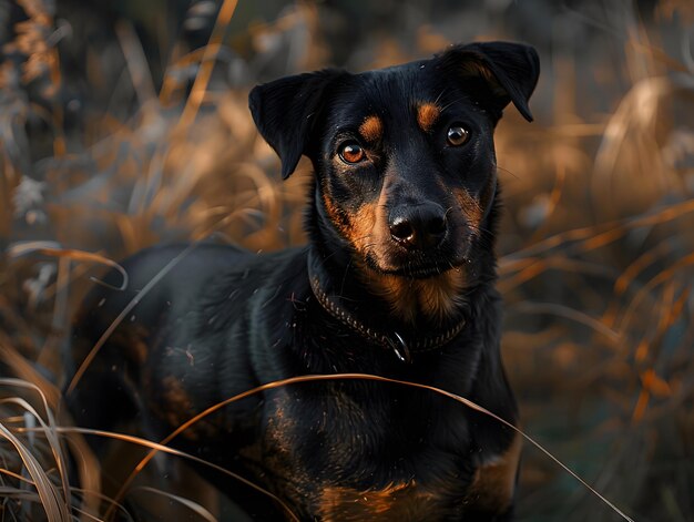 Photo a dog the dog is black and brown it is standing on a grassy area the dog is looking at the camera