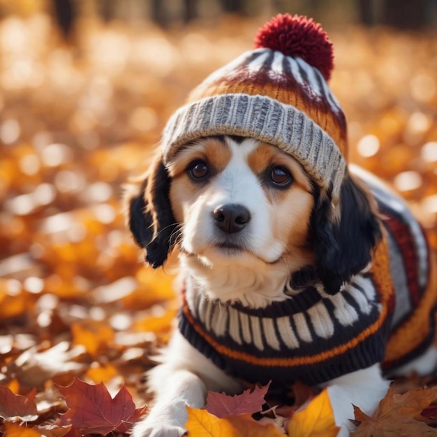 A dog donning a warm sweater and hat ready for the fall season