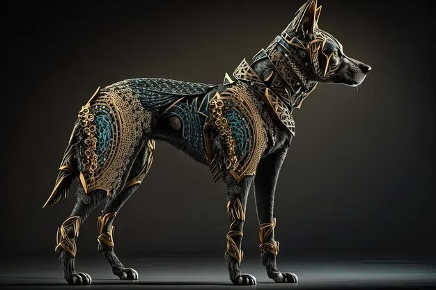 A dog dressed in armor standing on a black background