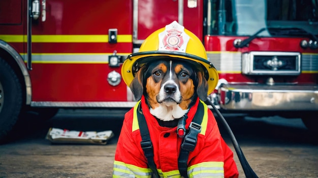 A dog dressed as a firefighter complete with a helmet sitting in front of a fire truck