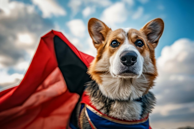 Photo dog dressed as a superhero with a cape standing proudly outdoors showcasing bravery and loyalty