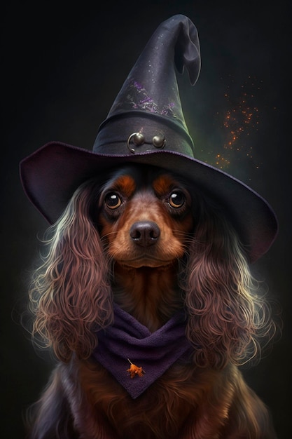 A dog dressed as a witch for Halloween Funny AI generated content