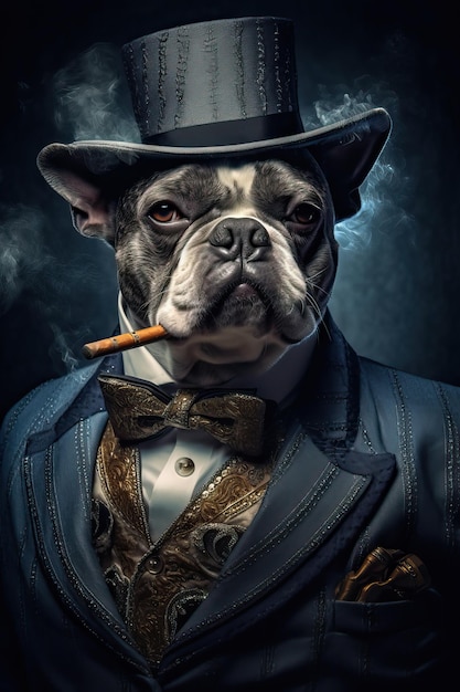 Dog dressed in an elegant modern suit standing as a leader and a confident gentleman smoking a